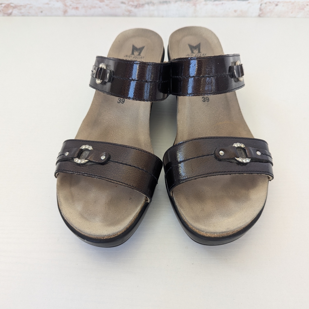 Mephisto Naiade women's wedge slide sandals in a brown patent leathe